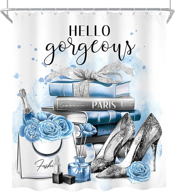 Cinbloo Girly Blue Shower Curtain 60Wx72H Silver Fashion Shower Curtain Women Girls Gray Teal Flower Perfume Bathroom Curtain Set High Heels Magazine Books Floral Bathroom Decor Fabric with 12 Hooks