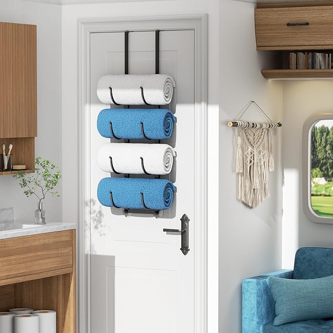 Over The Door Rolled Towel Rack for Bathroom: 4-Tier Hanging Towel Storage Holder, with Nosie-Free & Anti-Scratch Sponge-pad and Suction Cup, Hanging Organizer for Towels, Blankets, Large Bath