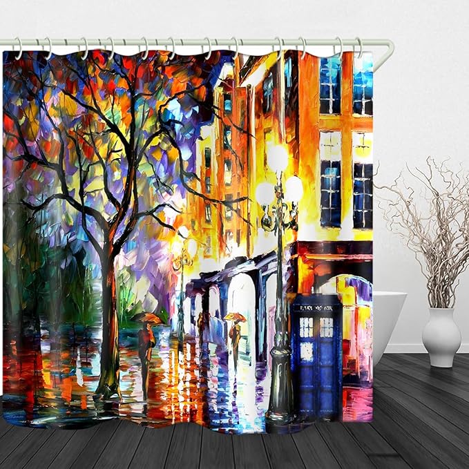 Bright Fabric Shower Curtains, Oil Painting Street Theme Design Art Shower Curtains, Bathroom Decor Set, 12 Shower Curtain Hooks (72 "Wx72 L) Inch Waterproof Shower Curtain.