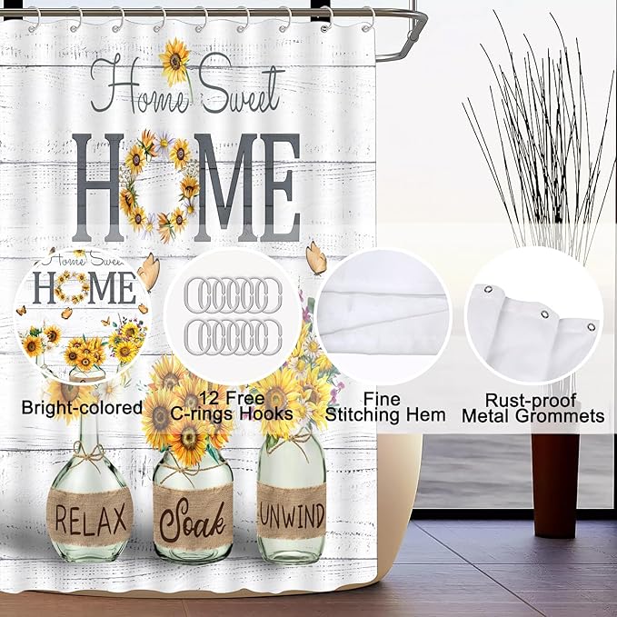 ALEXEX 4 PCS Yellow Sunflower Shower Curtain Set,Home Sweet Bathroom Set with Shower Curtain and Rugs and Accessories,Farmhouse Country Shower Curtain Bathroom Decor with 12 Hooks,72 X 72 Inches