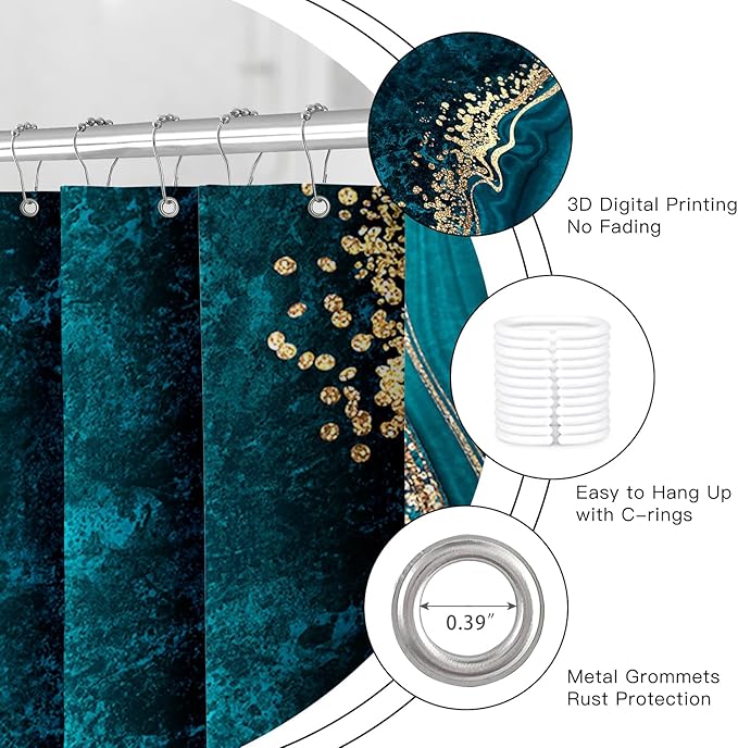 4PCS Teal Blue Gold Marble Bathroom Sets with Shower Curtain and Rugs, Abstract Gold Shower Curtain Sets with Rugs, Modern Bathroom Curtains Shower Set Accessories