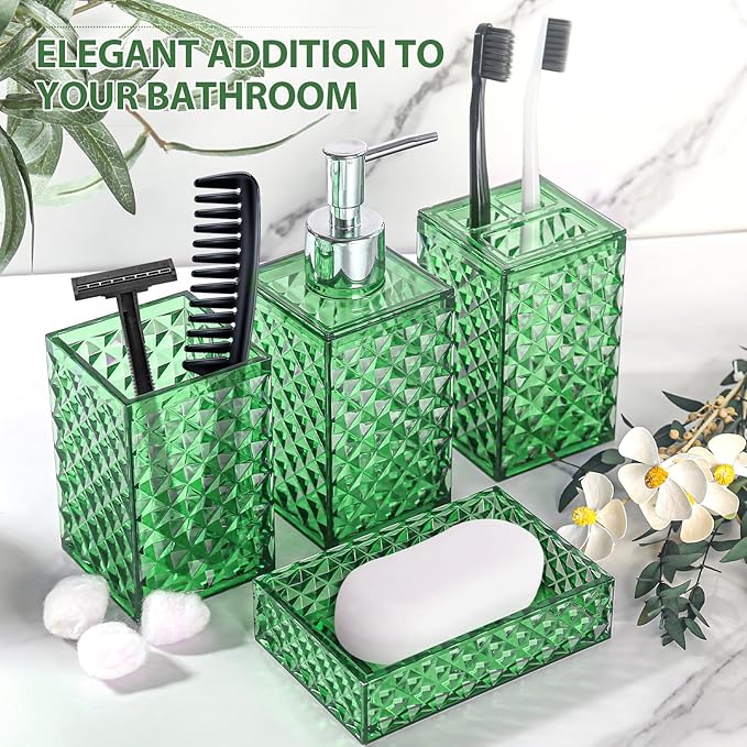 RYTOXILO Green Bathroom Accessories Set, 4 Pack Green Bath Accessory Sets Complete, Acrylic Soap Dispenser and Toothbrush Holder Set for Bathroom Counter Sink, Modern Bathroom Decor