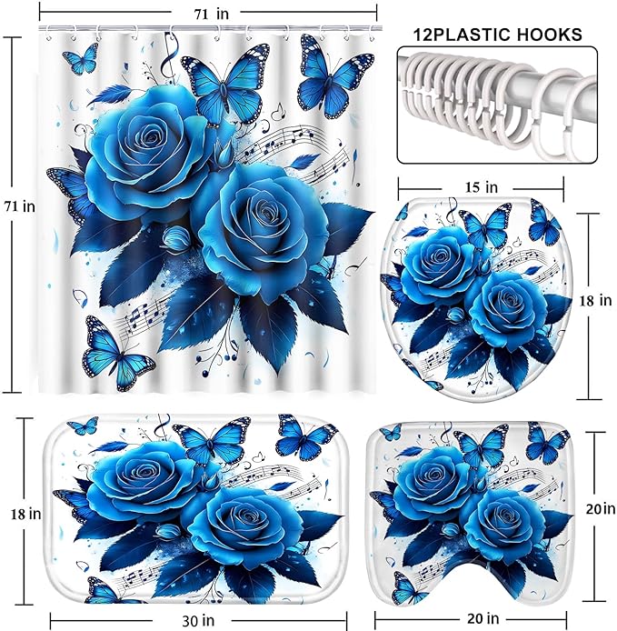 Poedist 4 Pcs Bathroom Shower Curtain Set, Bathroom Set, Blue Rose Shower Curtain Sets with Rugs(Bath Mat,U Shape and Toilet Lid Cover Mat) and 12 Hooks-04