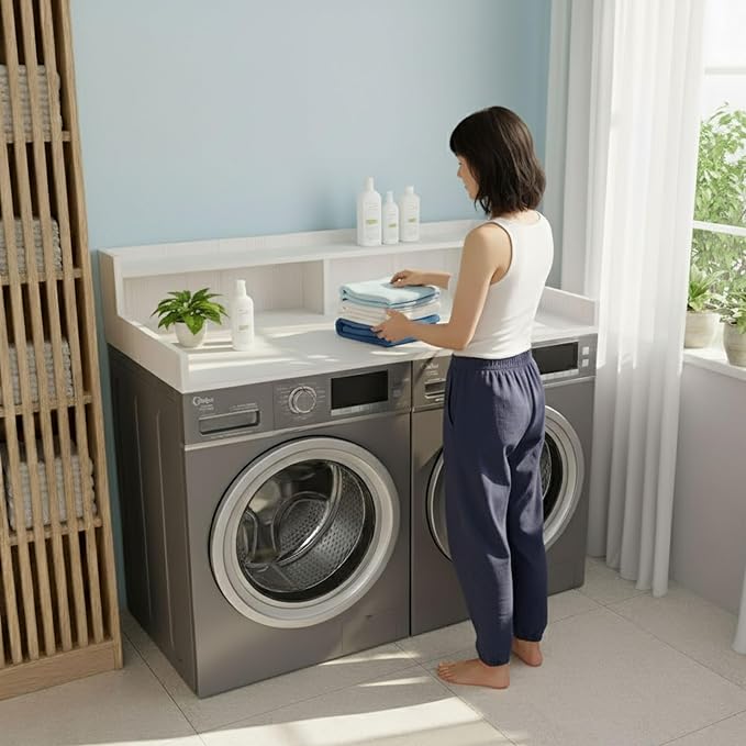 OfficeSimpli Large Washer Dryer Countertop with Shelf - 30 x 58 Inch - Made in USA Laundry Countertop Over Washer and Dryer with Non-Slip Pads, Storage Shelf, Laundry Topper Organizer, Rustic Oak