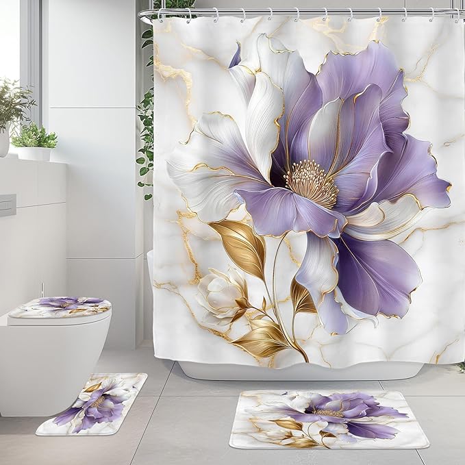 Riyidecor Purple Gold Marble Floral 4Pcs Bathroom Shower Curtain Sets Modern Abstract Flower Bathroom Decor Set with Rugs and Accessories Minimalist Toilet Lid Rug, Contour and Bath Mat with 12 Hooks