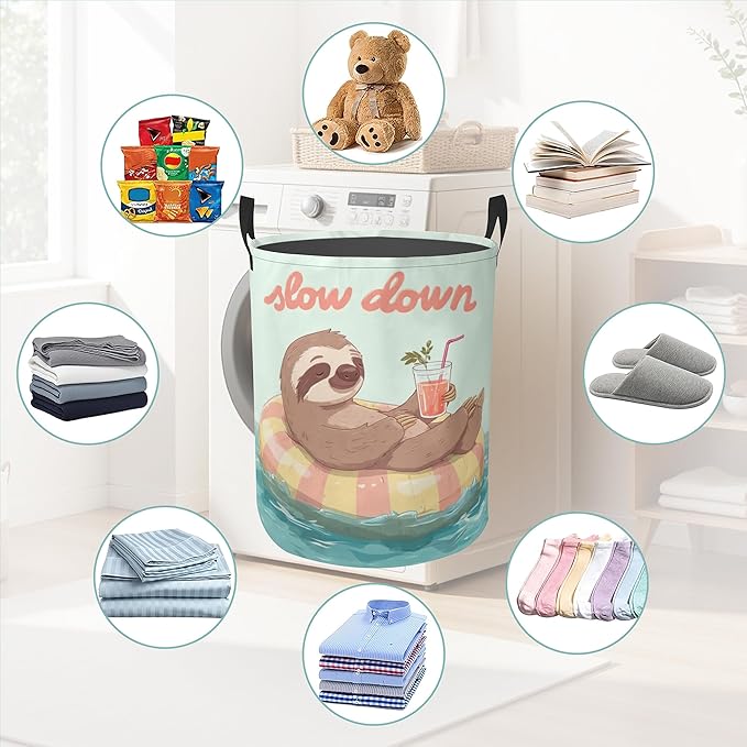 Sloth Round Laundry Hamper Storage Basket Toys Clothes Organizer Bin For Home Bathroom Bedroom Dorm Nursery