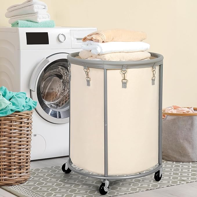 STO STO Rolling Laundry Hamper with Wheels – 185L (48 Gallon) Extra Large Industrial Clothes Laundry Basket with Removable Bag, Round Cart Sorter for Bedroom, Hotel, Beige & Gray