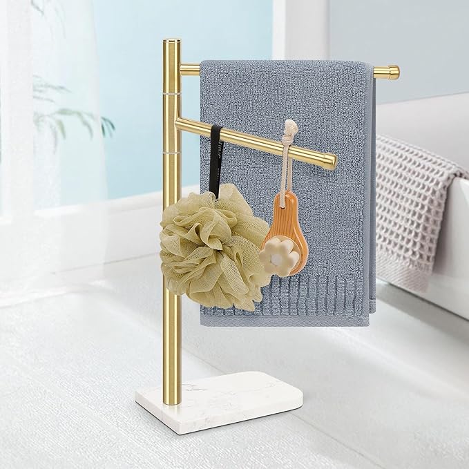 Standing Hand Towel Holder, Hand Towel Stand with Marble Base, 304 Stainless Steel Towel Rack with 2 Swivel Arm, Countertop Stand Towel Ring Towel Bar for Bathroom (Gold)