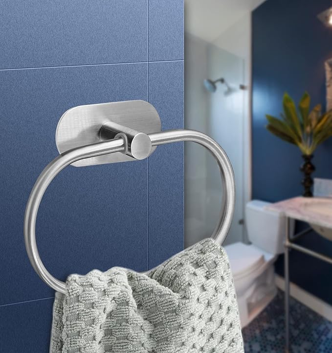 Litoexpe Self Adhesive Towel Ring Brushed Nickel, Oval Shaped Modern Hand Towel Holder, Stainless Steel Adhesive Hand Towel Hanger for Bathroom & Kithen Wall Mount (No Drilling)