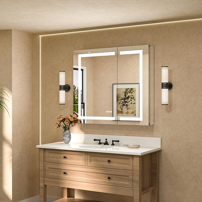 TETOTE 36 x 32 LED Lighted Bathroom Medicine Cabinet with Lights, 2 Door Recessed or Surface Mount Led Mirrored Medicine Cabinet, Tempered Glass, Outlets & USB, Adjustable Shelf, 3-Color Lights