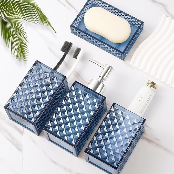 RYTOXILO Bathroom Accessories Set, 4 Pack Blue Acrylic Bath Accessory Sets Complete, Diamond Soap Dispenser and Toothbrush Holder Bathroom Counter Sink Set, Boho Modern Bathroom Decor