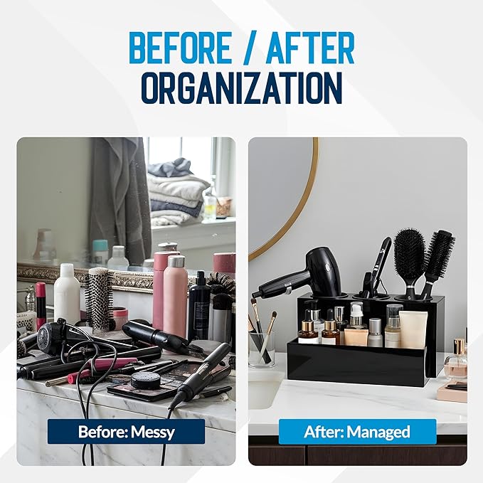 Hair Tool Organizer for Bathroom Vanity – Blow Dryer Holder with Stainless Cups for Hair Dryer, Curling Iron & Straightener, Countertop Hot Tools Holder and Hair Tool Storage (BLACK)