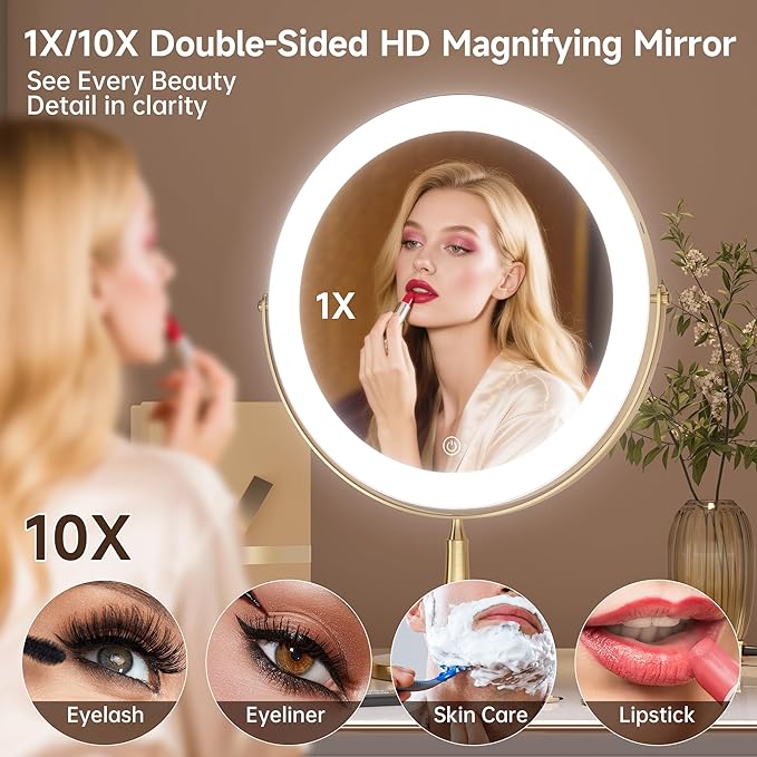 Professional 8" Large Lighted Makeup Mirror with Brighter Lights, 1X/10X True HD Magnifying Mirror with 3 Color Dimmable Lights, 92 Shadowless LEDs, 360°Swivel Seamless Vanity Mirror, Gold