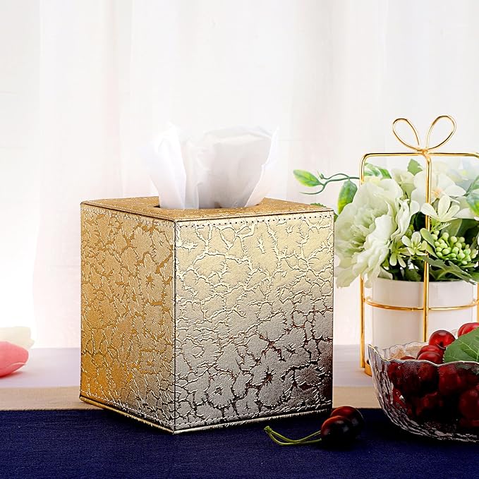 Sumnacon Square Leather Tissue Box Cover - Stylish Cube Tissue Box Holder with Magnetic Bottom, Decorative PU Tissue Box for Vanity Dresser Night Stand Table Countertop Home Office Car, Gold