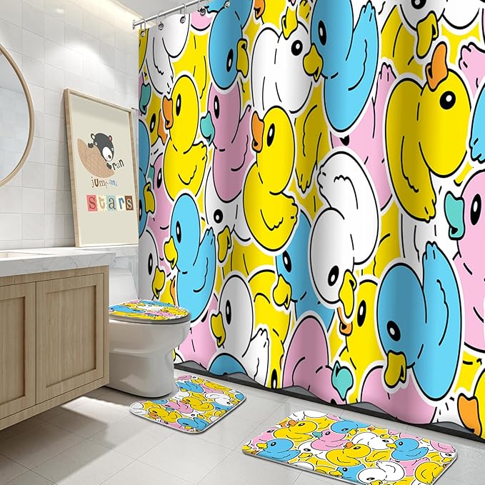 Lnond 4 Pcs Kids Bathroom Shower Curtain Set, Colorful Duck Bathroom Sets for Kids Bathroom Decoration with Shower Curtain, Non Slip Bathroom Rugs, Toilet Lid Cover, U Toilet Mat and 12 Hooks