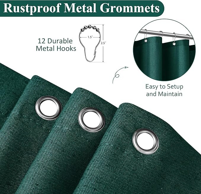 Naturoom Dark Green Linen Shower Curtain, Country Boho Farmhouse Bath Decor Shower Curtains Neutral Cloth Weighted Textured Fabric Bath Curtain Liner with Hooks, 72x72