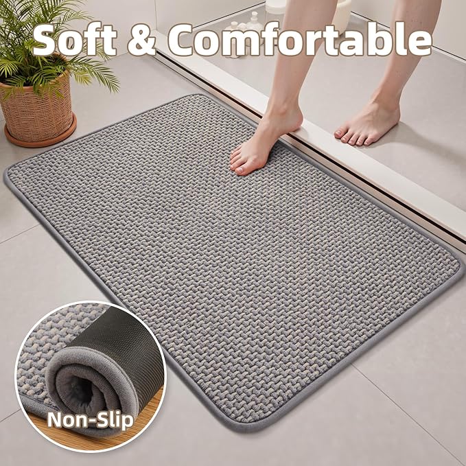 PADOOR-Bath Mat Runner-Super Absorbent Chenille Bathroom Mats-Rubber Backed Bath Mats for Bathroom Non Slip, Easy Clean Bathroom Runner Rugs Front of Bathtub,Shower Room,Sink-17×59, Grey&Beige