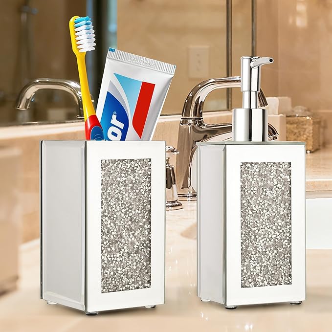 Luxury 2-Piece Bathroom Set, 150ml Diamond-Embedded Glass Soap Dispenser and Toothbrush Holder, Elegant Vanity Organizer for Modern Bathrooms