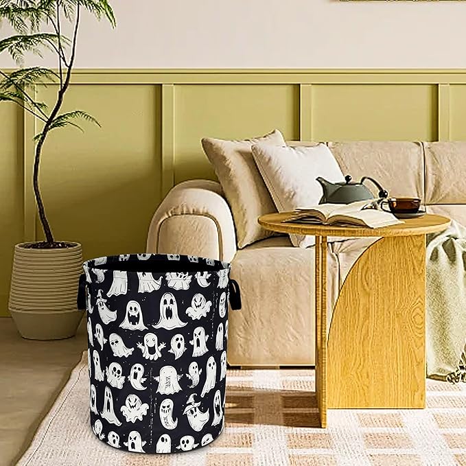 Cute Ghost Laundry Basket Funny Spooky Foldable Waterproof Oxford Cloth Tote Bag Laundry Hamper Round Large Clothes Storage Bucket Toy Organizer For Bathroom/Laundry Storage/Bedroom 18.9x16.5 Inch