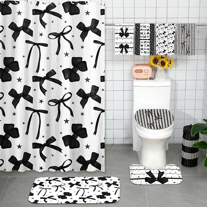 FuWeave 8 Pcs Black Shower Curtain Set Aesthetic Bow Knot Bathroom Decor Pretty Coquette Waterproof Shower Curtain Modern Minimalist Towels Non Slip Rug Toilet Lid Cover Bath Mat with 12 Hooks