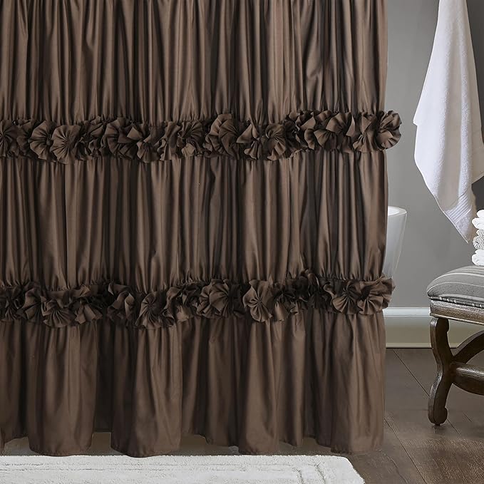 Chocolate Ruffle Shower Curtain, Vintage Handcrafted Bow Tie Bath Curtain for Master Bathroom, Ruched Microfiber Bathroom Curtain with 12 Buttonholes, 72" W x 72" H (LQ-10)
