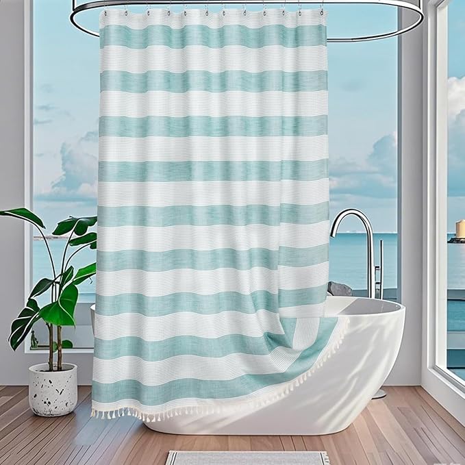 Boho Chic Thick Teal Shower Curtain with Tassels, 350GSM Cotton Linen Soft Fabric Shower Curtain Aqua Green, 72 x 72 Inch Heavyweight Elegant Farmhouse Bathroom Decor Curtain French Country