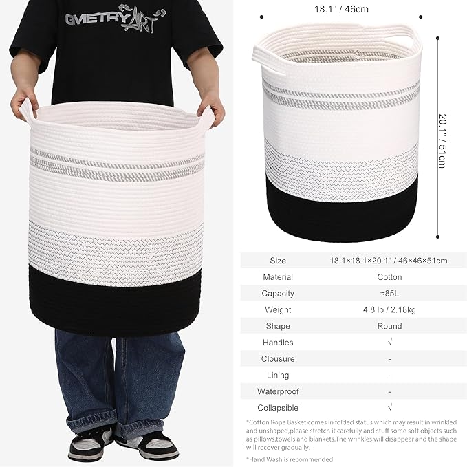 Sea Team Large Size Cotton Rope Woven Storage Basket with Handles, Laundry Hamper, Fabric Bucket, Drum, Clothes Blankets Organizer for Kid's Room, 18 x 20 inches, Round Open Design, White & Black