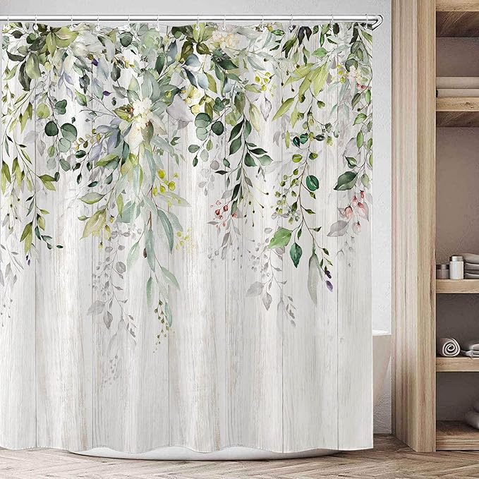 kampdream Eucalyptus Plant Rustic Shower Curtain, Watercolor Leaves On The Top Country Farm House Shower Curtain, Spring Botanical Bathroom Curtain 72 ×72 Inch