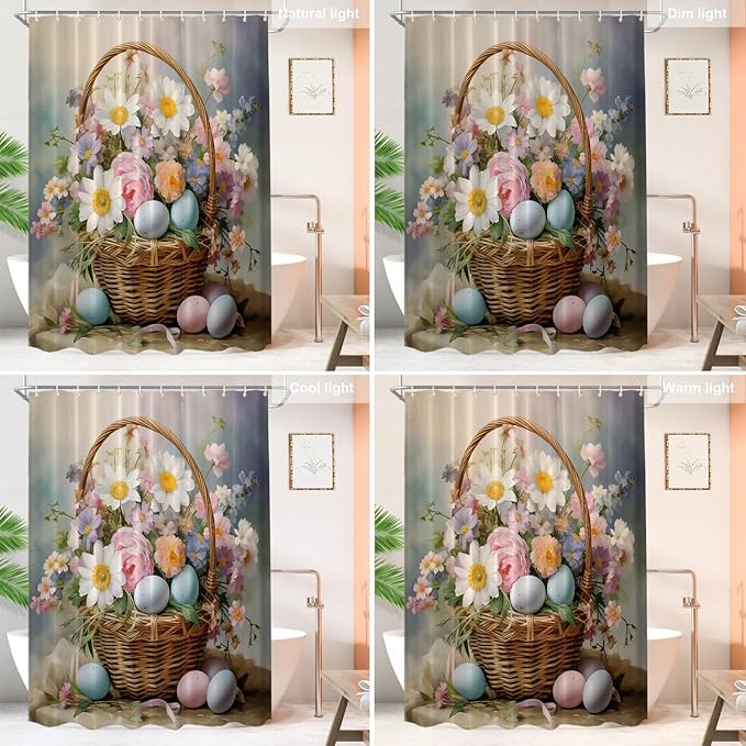 Shrahala Basket Flowers Eggs Decorative Shower Curtain, A Basket Filled with Flowers and Eggs Bathroom Décor Polyester Fiber Waterproof with Plastic Rings for Shower Stall Bathtubs 72 X 60 in