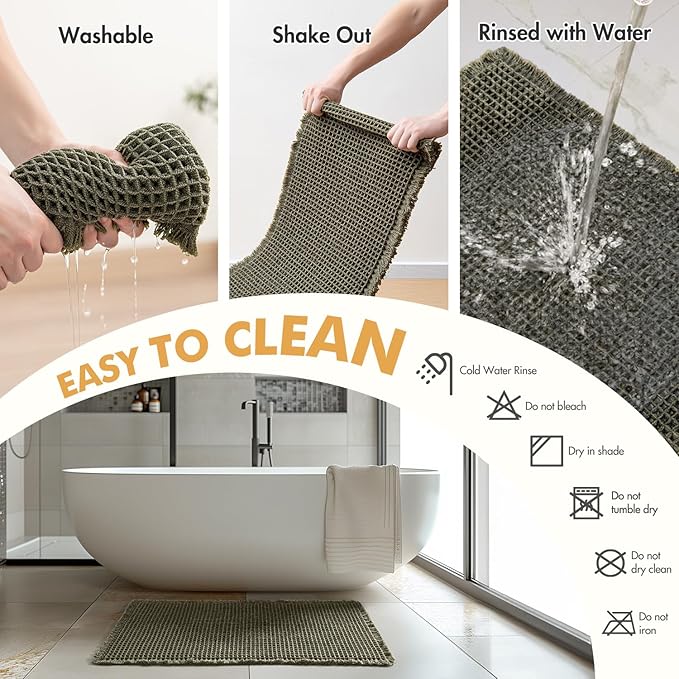 MIULEE Set of 2 Waffle Bathroom Rugs, Boho Bath Rugs Non Slip Washable, Super Absorbent Bath Mats, Ultra Soft Rubber Backed Shower Mats for Bathroom Floor, Tub and Shower, Green, 24x36 Inch