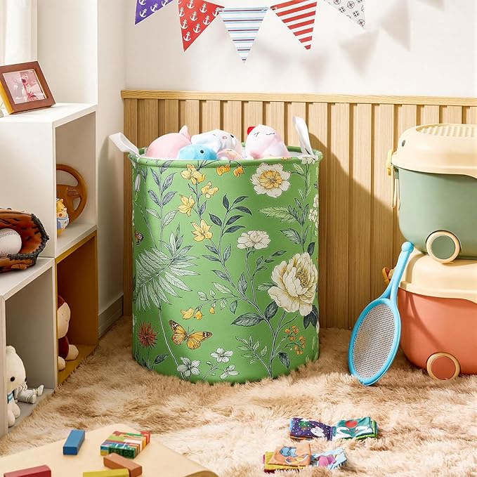 Sage Green Floral Laundry Basket With Handles Girls Butterfly Oxford Laundry Hamper Flower Plant Clothes Storage Bucket Organizer For Bathroom/Laundry/Bedroom (Floral, 43L)