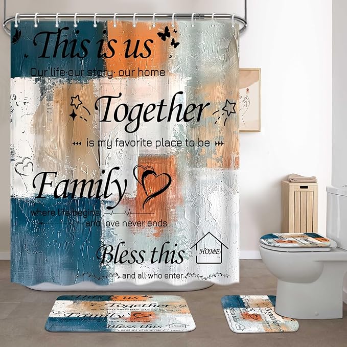 Lnond 4Pcs Bathroom Shower Curtain Sets with Rugs, Blue Orange Motivational Home Family Bathroom Sets with Shower Curtain and Rugs and Accessories