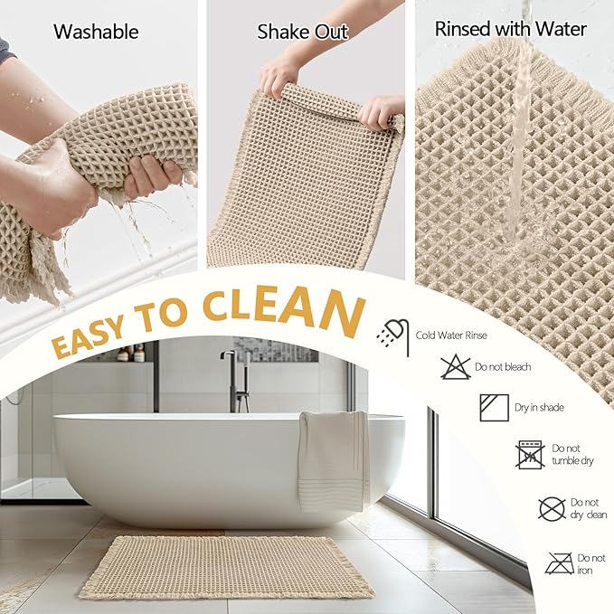 MIULEE Set of 2 Waffle Bathroom Rugs, Boho Bath Rugs Non Slip Washable, Super Absorbent Bath Mats, Ultra Soft Rubber Backed Shower Mats for Bathroom Floor, Tub and Shower, Pale Beige, 18x30 Inch