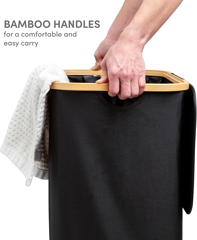 QUALIAZERO 120L Dual Laundry Hamper with Lid ā 2-Section Bamboo Frame Hamper with Removable Bags & Easy-Lift Cover, Large Capacity for Families, Bathroom or Bedroom (ONYX BLACK, DUAL)