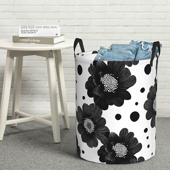 Black Floral Laundry Hamper, Collapsible Storage Basket with Handles for Clothes, Bedroom, Bathroom 19.6 x15.7 Inch