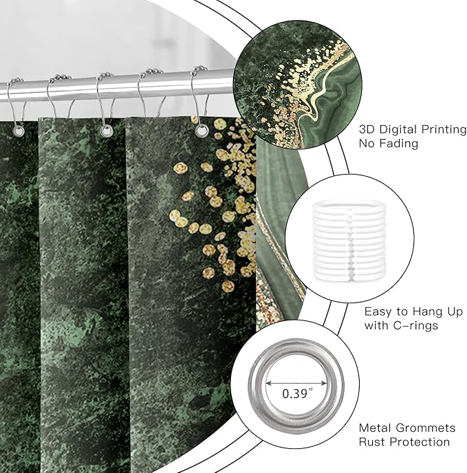 4PCS Sage Green Marble Shower Curtain Sets with Rugs, Luxury Bathroom Sets with Shower Curtain and Rugs, Abstract Bathroom Curtains Shower Set with Toilet Lid Cover for Bathroom Decor