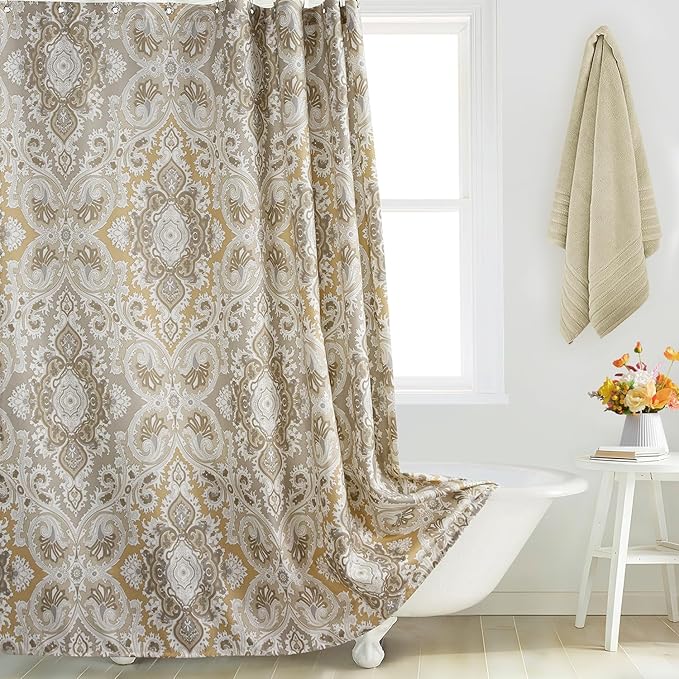 Waterproof Fabric Shower Curtain, Beige Grey Boho Paisley Damask Print Bathroom Curtain, 72" W x 72" H