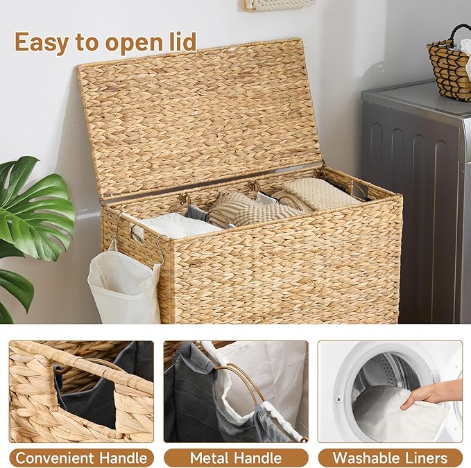 Laundry Hamper with Wheels, 52.8 Gallon(200L) Water Hyacinth Laundry Basket with Lid, 3-Section Wicker Clothes Hamper with 3 Removable Liners, Laundry Sorter with Side Pocket, Natural