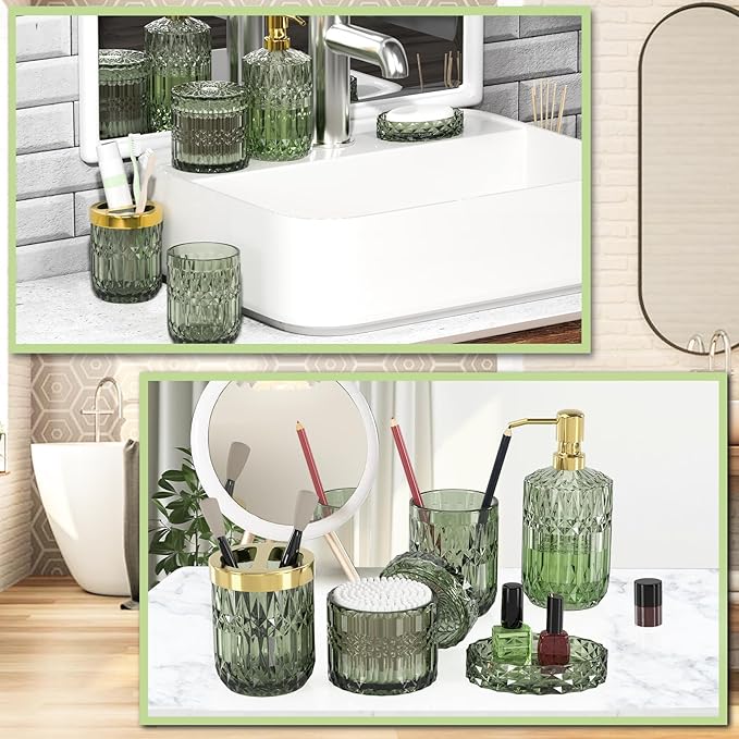 QIQU Green Glass Bathroom Accessories Set 5 Pcs, Green Bathroom Set, Soap Dispenser and Toothbrush Holder Set, Qtip Holder Set, Vintage Bathroom Sink Set, Cute Bathroom Decor