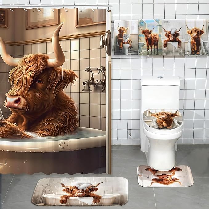 FuWeave 8 Pcs Highland Cattle Shower Curtain Sets for Bathroom Funny Highland Cattle Shower Curtain Sets with Rugs and Cow Towels, Include Non-Slip Rug, Toilet Lid Cover, Bath Mat and 12 Hooks