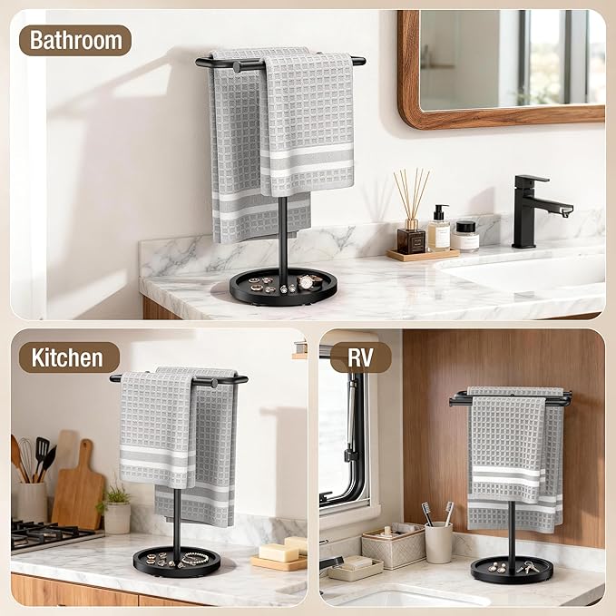 Aetyord Adjustable Hand Towel Holder Stand for Bathroom Countertop, S-Shaped Stainless Steel Towel Rack with Wood Base Strong and Suction Cups, Free Standing Hand Towel Tree for Kitchen Vanity