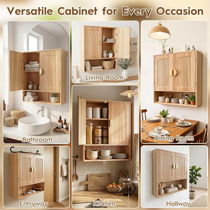 Mazatzal Bathroom Medicine Cabinet, Modern Wall Storage Cabinet with Adjustable Wood Shelf & Grille Design Doors, Over The Toilet Storage Cabinets for Laundry Room, Kitchen, Living Room, Natural