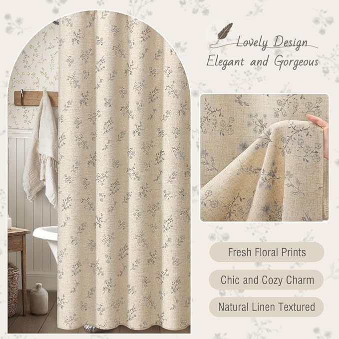 Grey Floral Farmhouse Vintage Linen Shower Curtain, French Country Shower Curtains for Bathroom, Gray, 72Wx72H