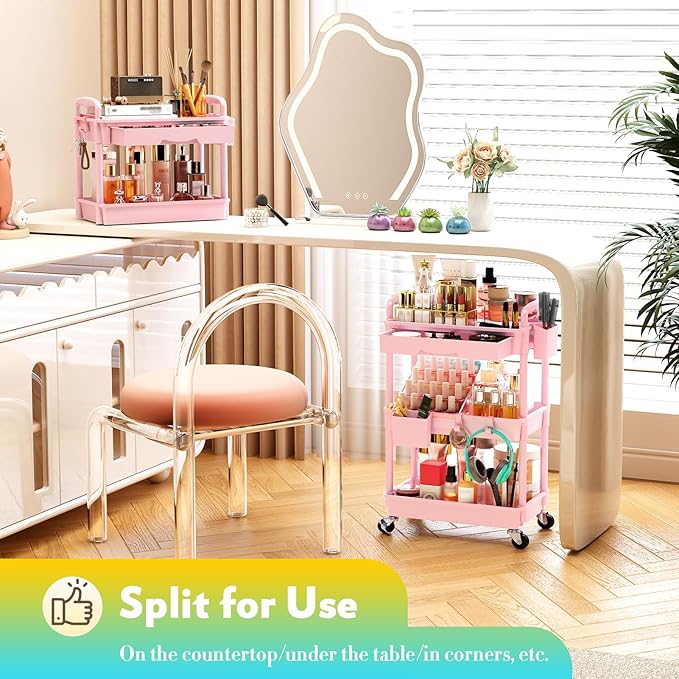 Makeup Cart Organizer with Drawers, Floor Skincare Organizers Vanity Storage Organizer, Rolling Makeup Bathroom Storage Cart Cosmetics Display Cases for Skin Care Perfume Nail Polish, Pink