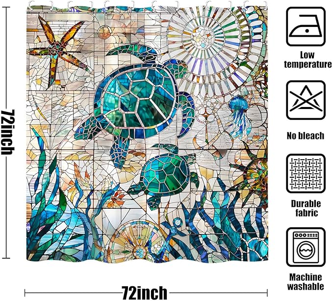 Accnicc Nautical Sea Turtle Shower Curtain Teal Blue Stained Glass Ocean Theme Coastal Shower Curtains for Bathroom Vintage Map Beach Waterproof Fabric Bath Curtain Decor 72x72 Inches