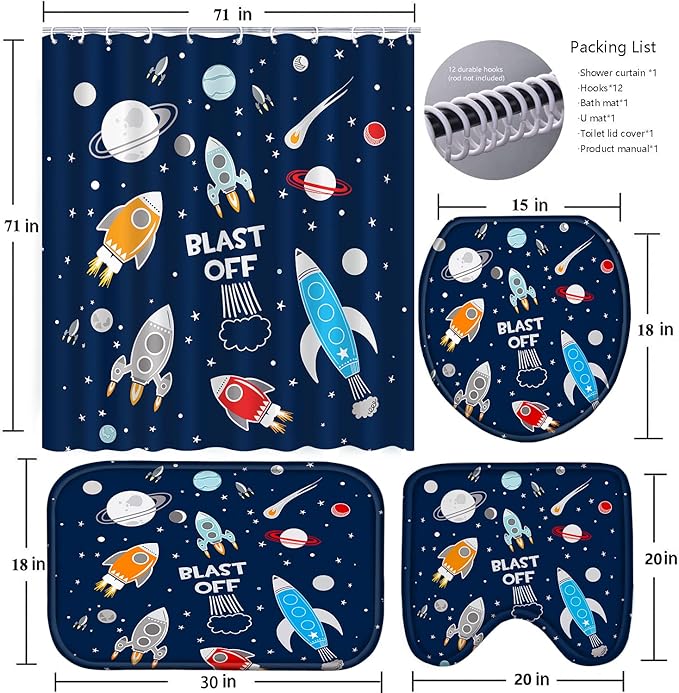 Poedist 4 Pcs Bathroom Shower Curtain Set,Kid's Bathroom Set,Cosmic Space Shower Curtain Sets with Rugs(Bath Mat,U Shape and Toilet Lid Cover Mat) and 12 Hooks