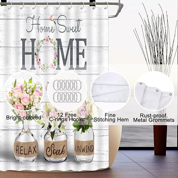 ALEXEX 4 PCS Pink Roses and Lilies Shower Curtain Sets,Home Sweet Bathroom Set with Shower Curtain and Rugs and Accessories,Farmhouse Country Shower Curtain Bathroom Decor with 12 Hooks,72 X 72 Inches