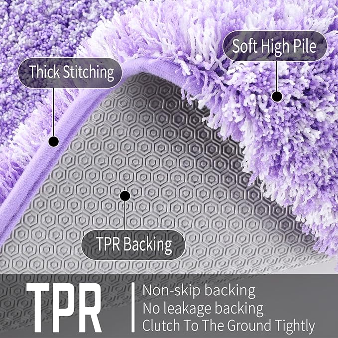 Yimobra Toilet Rugs U Shaped Washable 24x20, Ultra Soft and Water Absorbent Bath Mats, Non Slip Fluffy Shaggy Luxury Microfiber Contour Bath Rugs for Toilet, Dry Quick, Purple and White