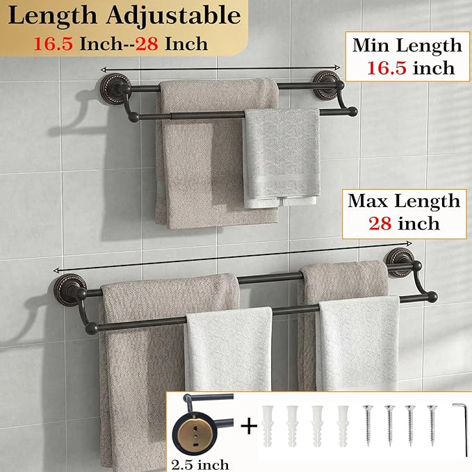 Brass Double Towel Bar, Adjustable Antique Black Towel Racks for Bathroom Wall Mounted Fits 14-25.4 Inch Centers, Heavy Duty Rustproof Bathroom Towel Rod Holder for Kitchen, Laundry Room, Hotel