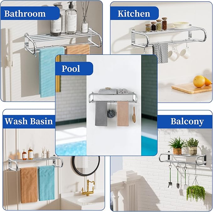 Alise Adjustable 16-28 Inches Double Towel Rack for Bathroom,Wall Mount Double Towel Racks,SUS304 Stainless Steel Towel Holder,Retractable Towel Shelf with 2 Towel Bars 4 Movable Hooks,Chrome